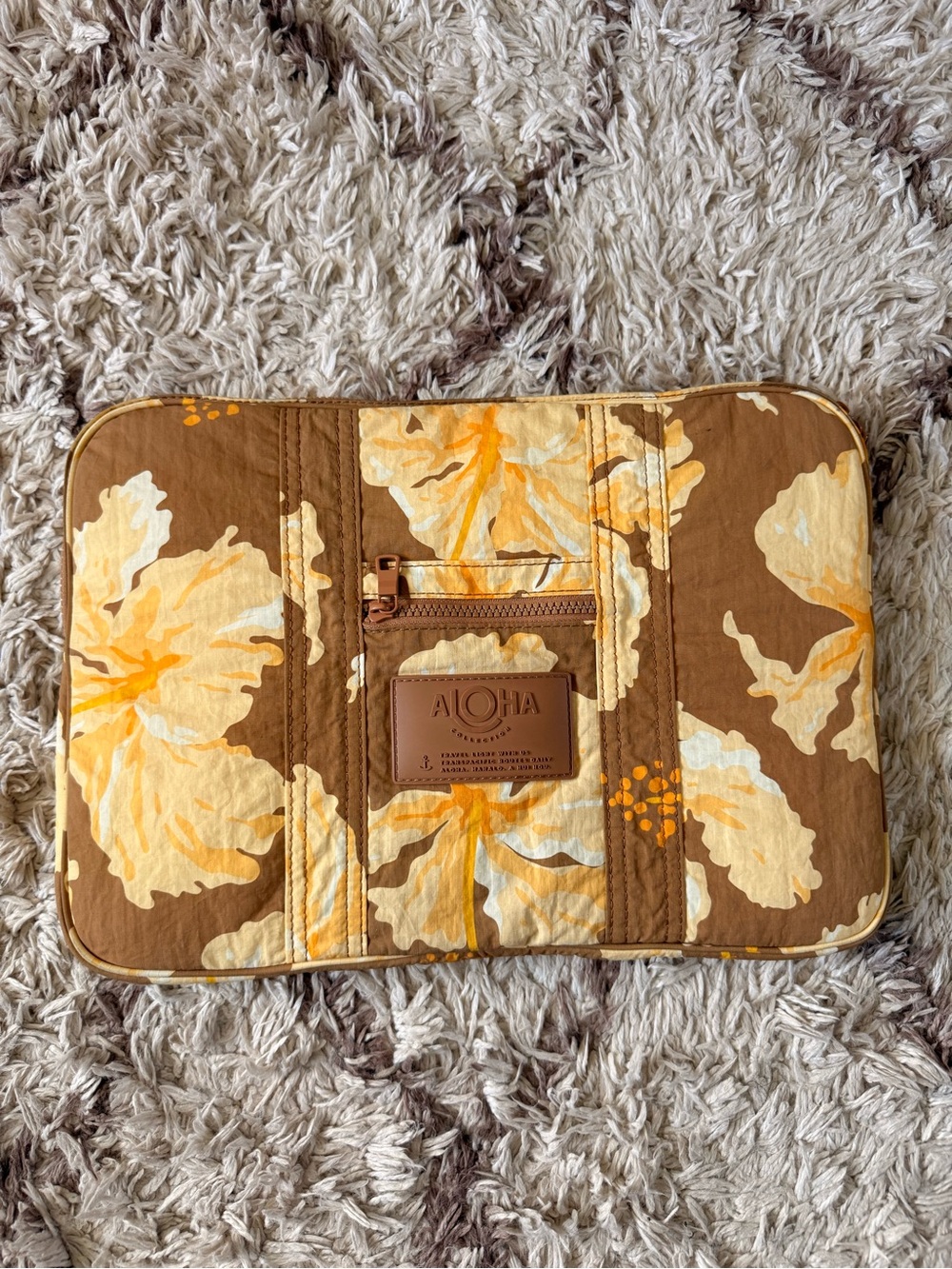 ALOHA Collection Brown Floral Quilted Pouch with Cream and Yellow Hibiscus